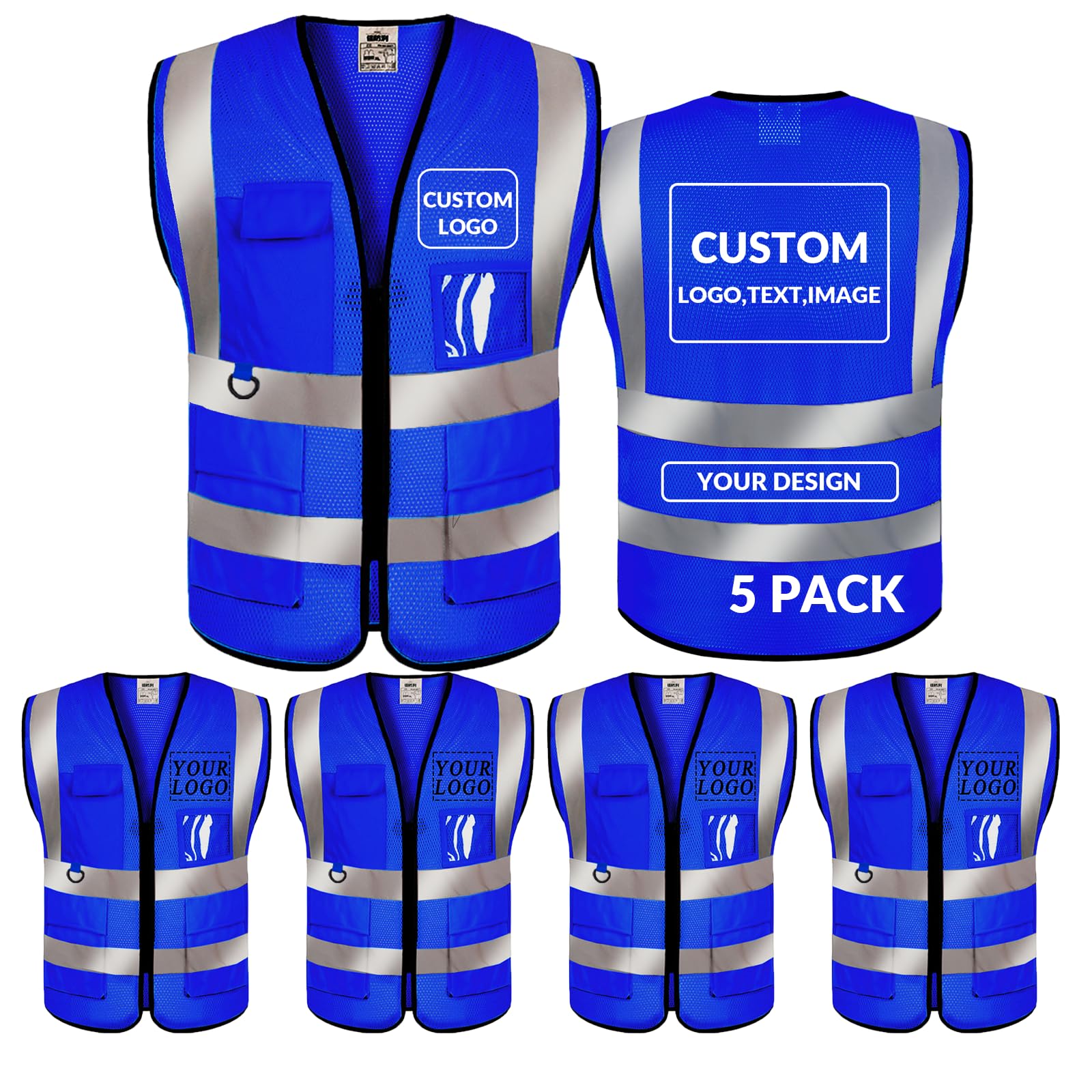 BeautyWill Custom Hi Vis vest for Men and Women, High Visibility ANSI Class 2 Safety Vest with Reflective Strips, 5 Pockets and Front Zipper, ANSI/ISEA Standards-5 Pack(004Blue, M) โ image 1
