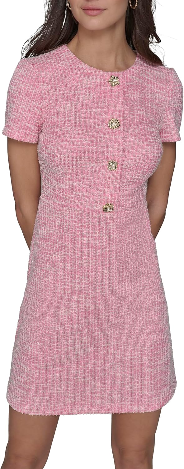 Karl Lagerfeld Womens Short Sleeve Gold Button Up Knit Sheath Mini Dress