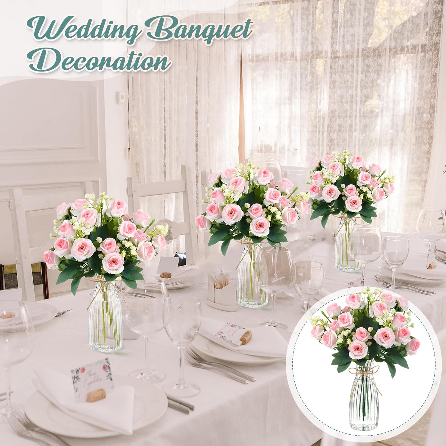 Zeyune 31 Pcs Rose Artificial Flowers with Vase Bulk for Table Centerpiece, 20 Bundles Fake Silk Roses 10 Plastic Clear Vase with 1 Pcs Rope Arrangement Decoration Wedding Home Party(Pink)