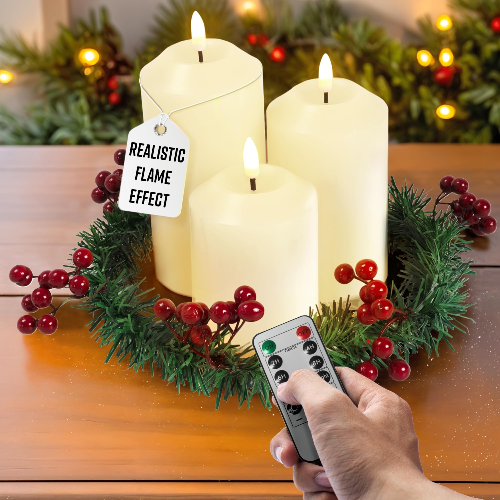 Globrite Ivory 3-Pack Flickering Flameless Led Candles With Christmas Decorations Berry Wreath - Battery Operated Table Decoration - Pillar Candles, 24Hr Remote & Timer