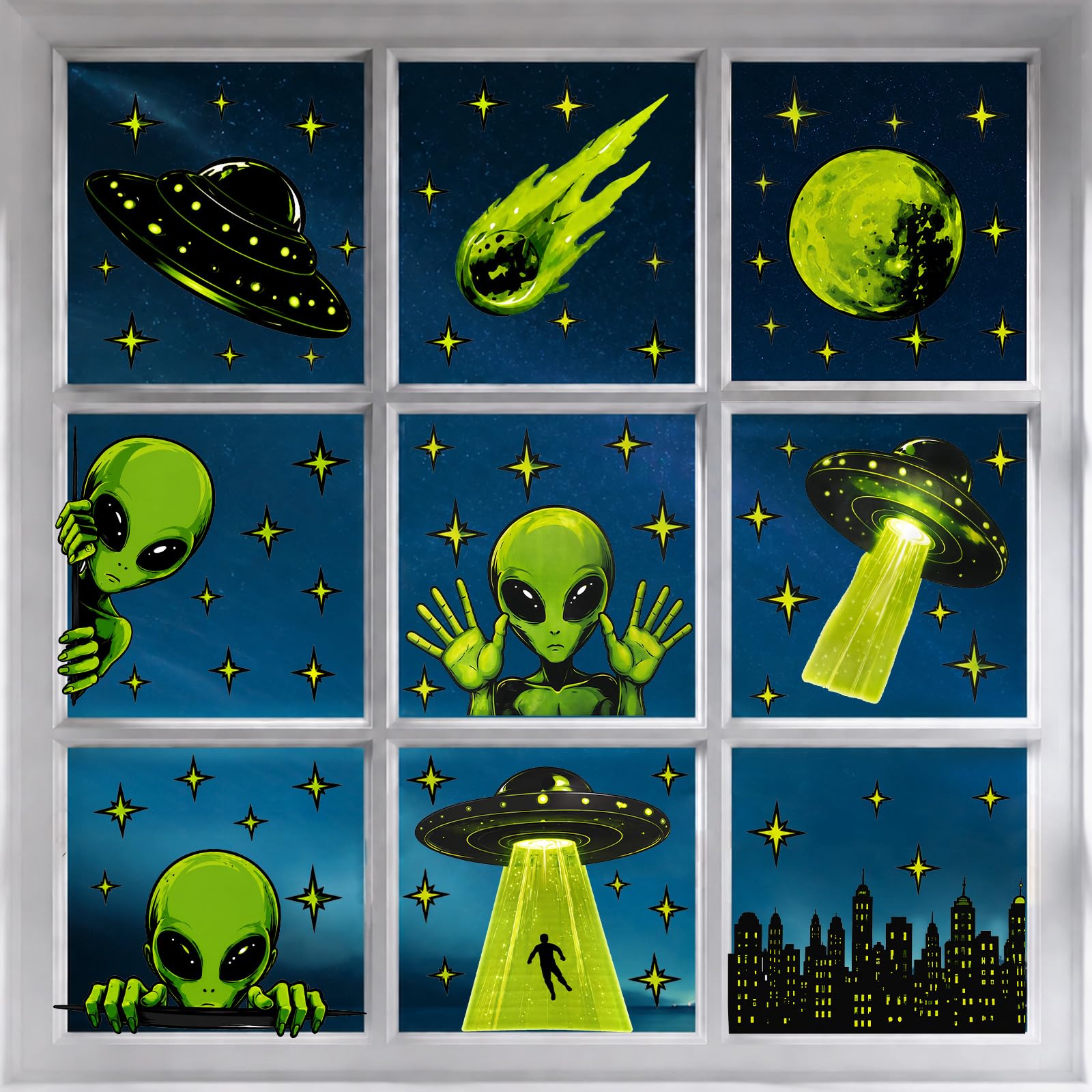 Kytunera Green 5 Sheets Alien Halloween Decorations Window Clings Ufo Flying Saucer Decals