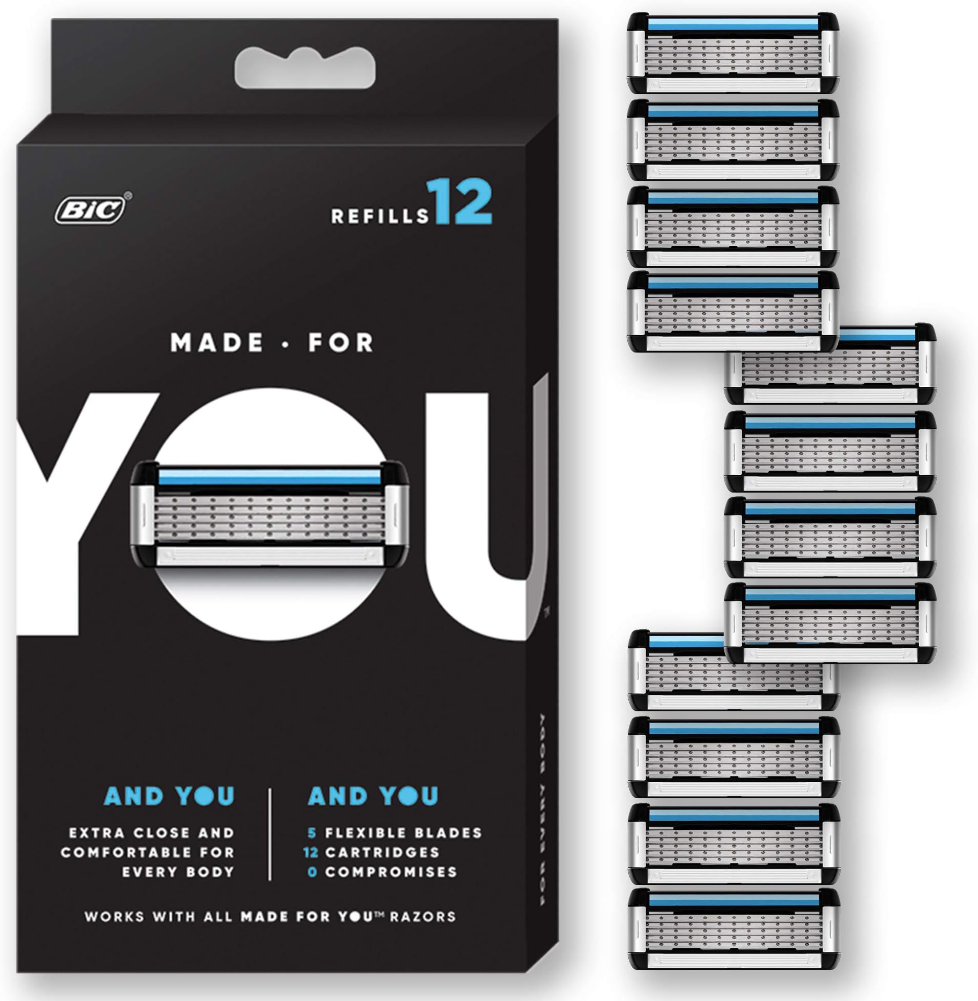 Made for YOU by BIC Shaving Razor Blades for Every Body - Men and Women, 12 Count - Refill Cartridges with 5 Blades for a Close Shave with Aloe Vera and Vitamin E for Smooth Glide