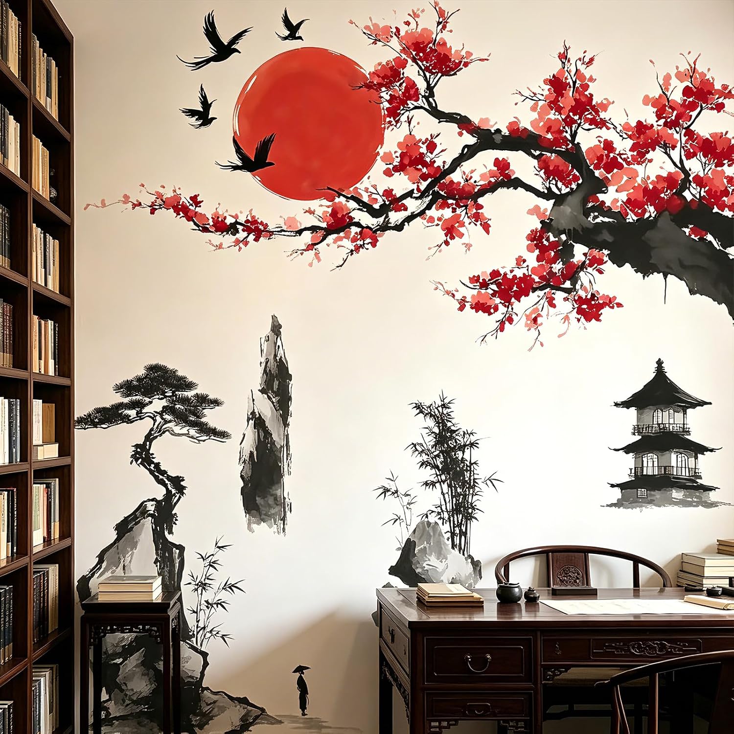 Chinese Landscape Wall Decals Peel and Stick, Large Cherry Blossom Tree Wall Stickers & Murals, Removable Home Decor Art for Bedroom Living Room Classroom Office
