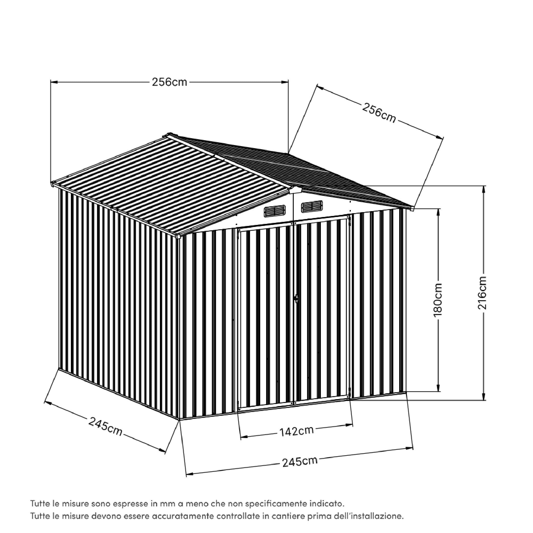 Casetta Da Giardino In Acciaio Zincato 2,56x2,56xh2,16m, 6,55mq, Deposito Attrezzi con Tetto Spiovente, Porta Battente (Nero)