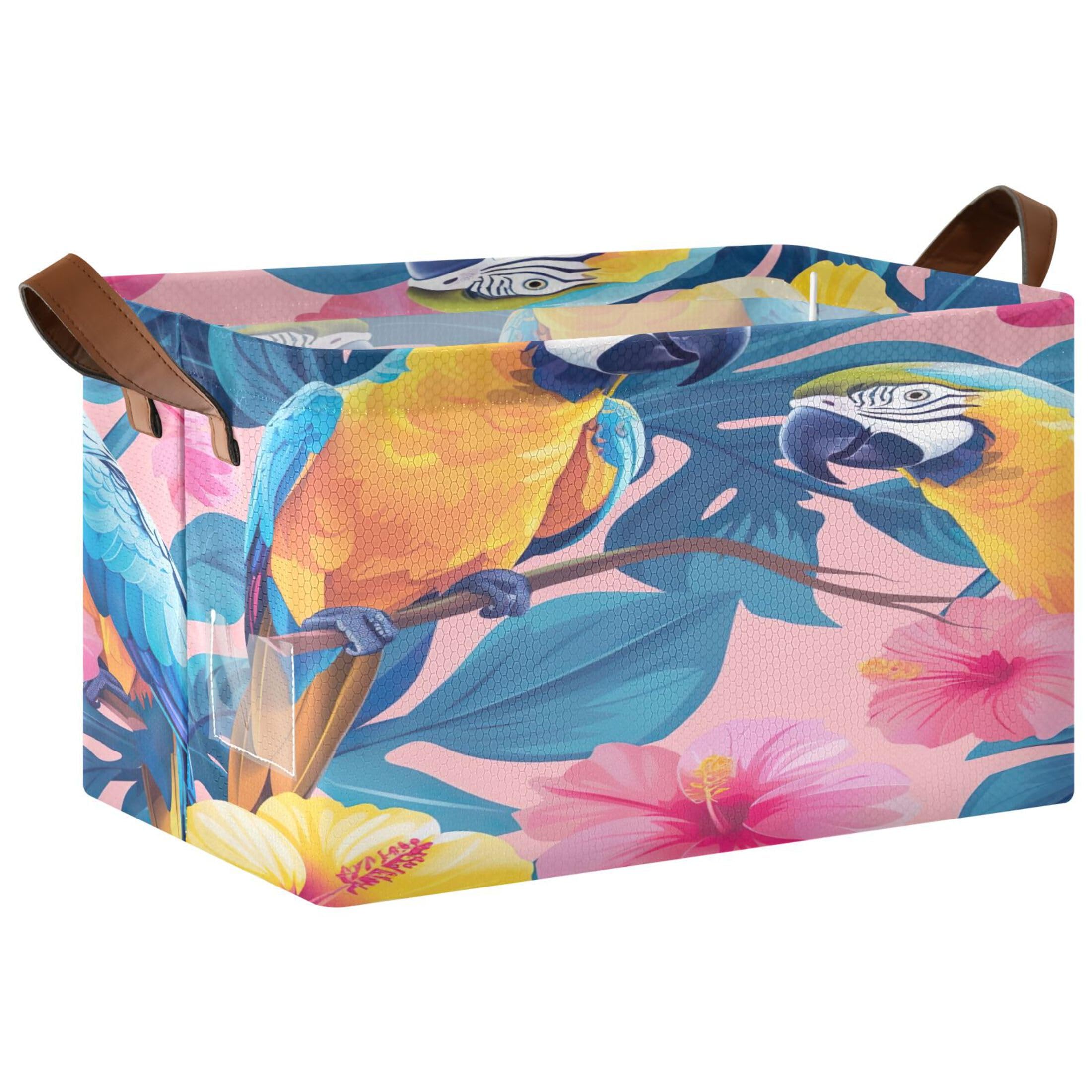 Kutsu Foldable Storage Basket Parrots Flower Collapsible Storage Bin with Handles for Shelves, Rectangle Basket for Home Nursery Decor, 16.9x11.4x10 in