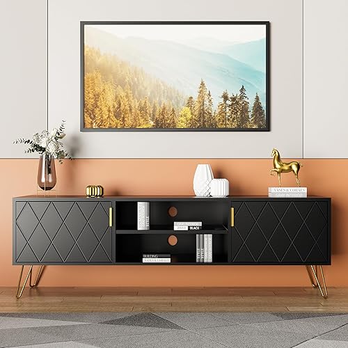 Miniatura 6 de Anbuy Centro de entretenimiento, consola multimedia negra, consola de TV de madera, gabinete multimedia con 2 gabinetes de almacenamiento y