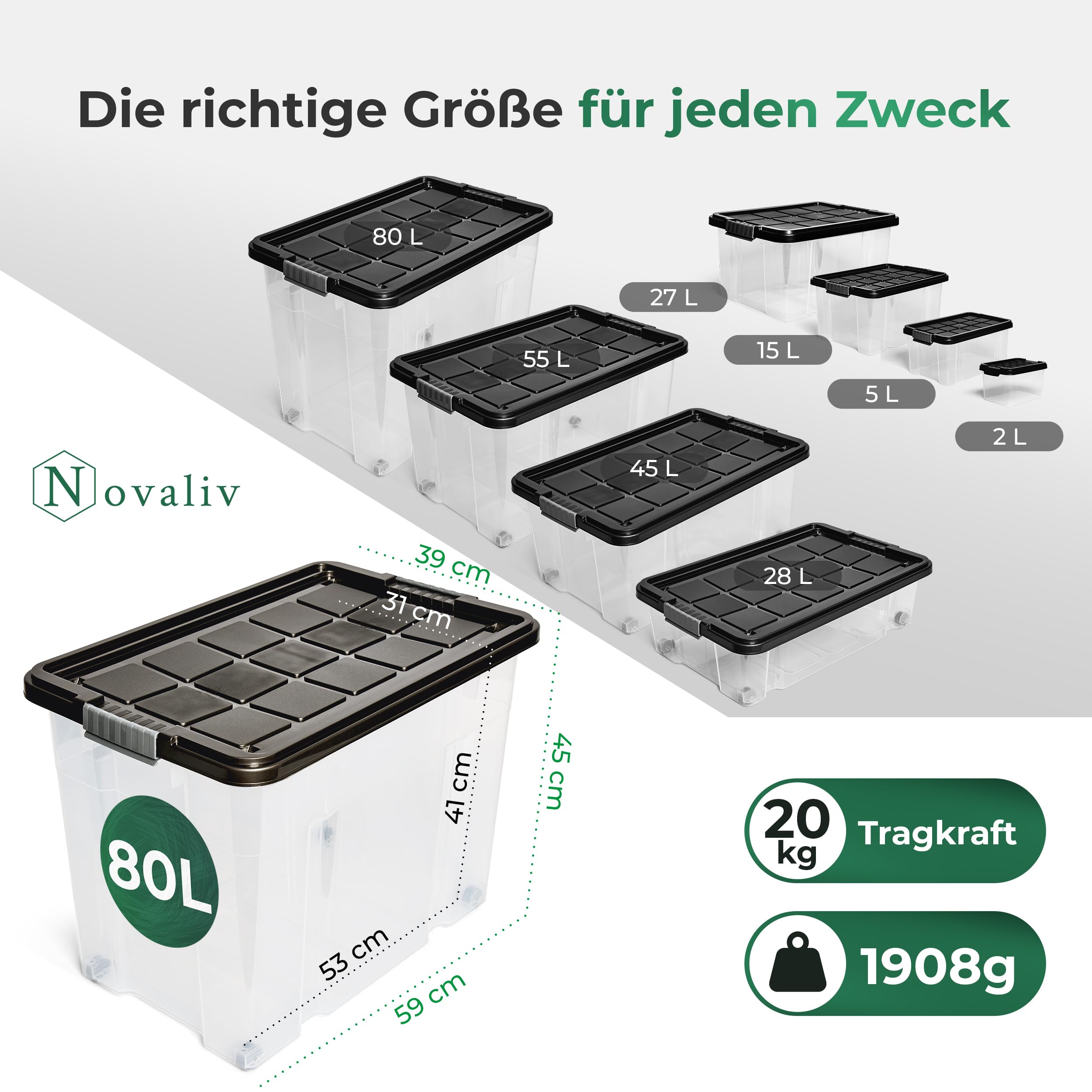 Novaliv 3 scatole portaoggetti con coperchio, grandi 80 l, colore antracite, impilabili, con chiusura a clip, in plastica, senza BPA, 61 x 40 x 45 cm