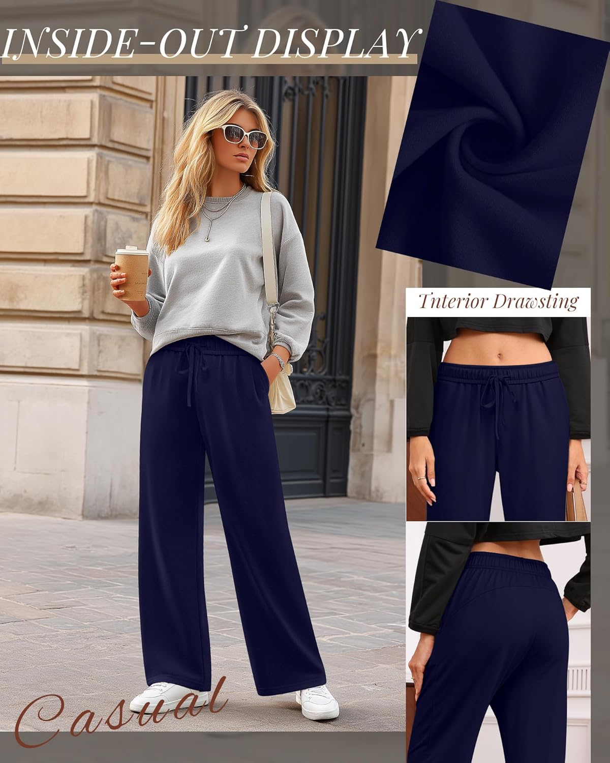 3 Pack Women's Wide Leg Sweatpants Interior Drawstring Baggy Sweatpant High Waisted Casual Jogger Pant with Pocket