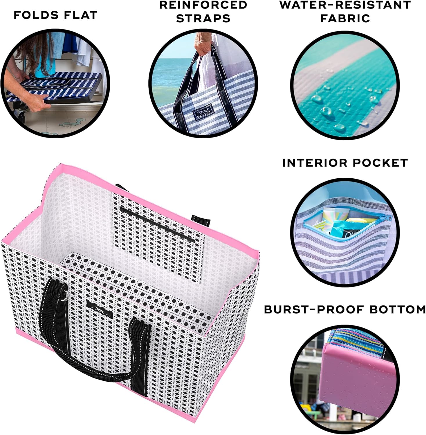 SCOUT Original Deano Tote Large - Durable Lightweight Open Top Beach, Pool & Lake Bag, Inside Zip Pocket, Folds Flat