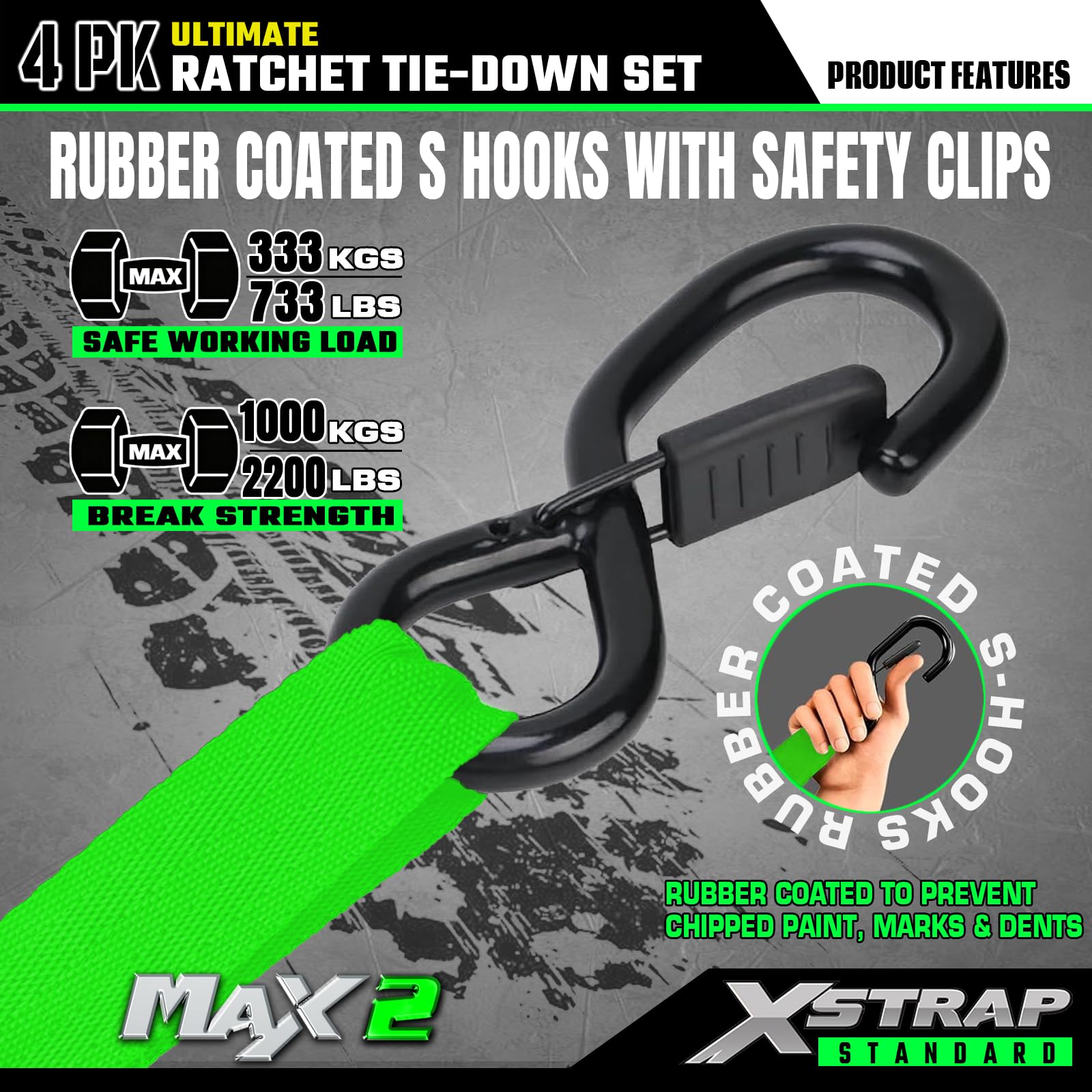 XSTRAP Standard Motorrad-Spanngurte, 2,5 cm x 4,6 m, 1 kg Bruchfestigkeit, weiche Schlaufenriemen mit Sicherheitsverschluss, S-Haken, Schwarze Schlaufen und Aufkleber, für Umzug, LKW, Ladung