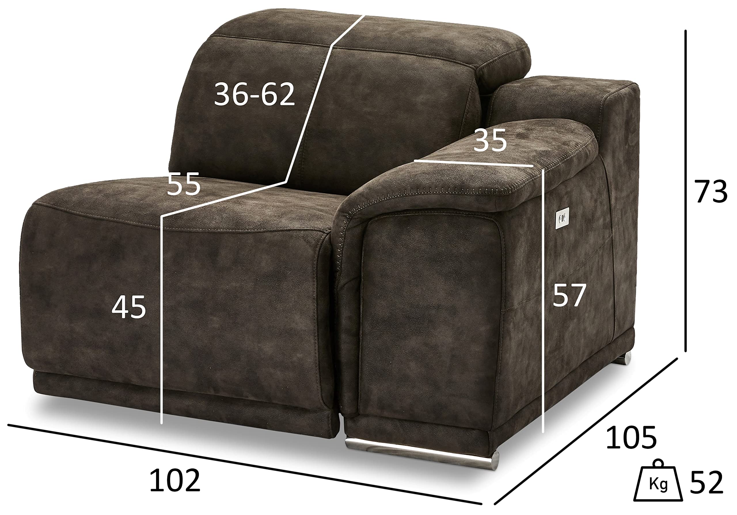 Ibbe Design Modul Sofa Braun Stoff 1 Sitzer mit Armlehne Rechts Elektrisch Verstellbar Relaxfunktion mit mit verstellbare Kopfstütze Alexa, 105x102x73 cm