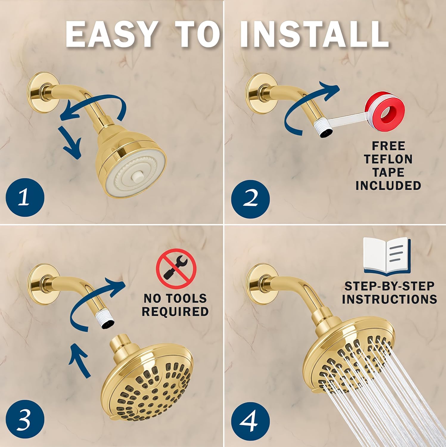 6 Function Adjustable Luxury Shower Head - High Pressure Boosting, Wall Mount, Bathroom Showerhead For Low Flow Showers, 2.5 GPM - Polished Brass