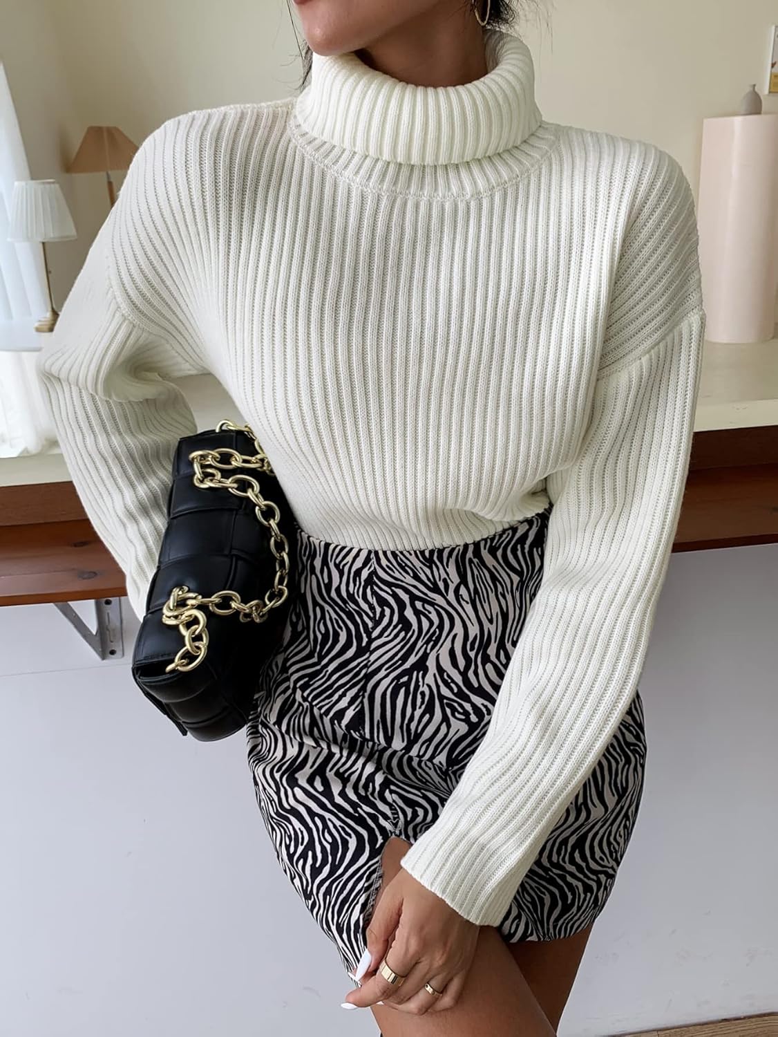 Women's Sweater High Neck Drop Shoulder Sweater Sweater for Women (Color : Black, Size : X-Large)