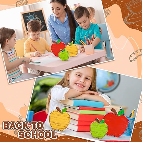 Miniatura 6 de Whaline Letreros de madera retro para el regreso a clases, adornos de madera de manzana, color rojo, amarillo, verde, centro de mesa de madera de