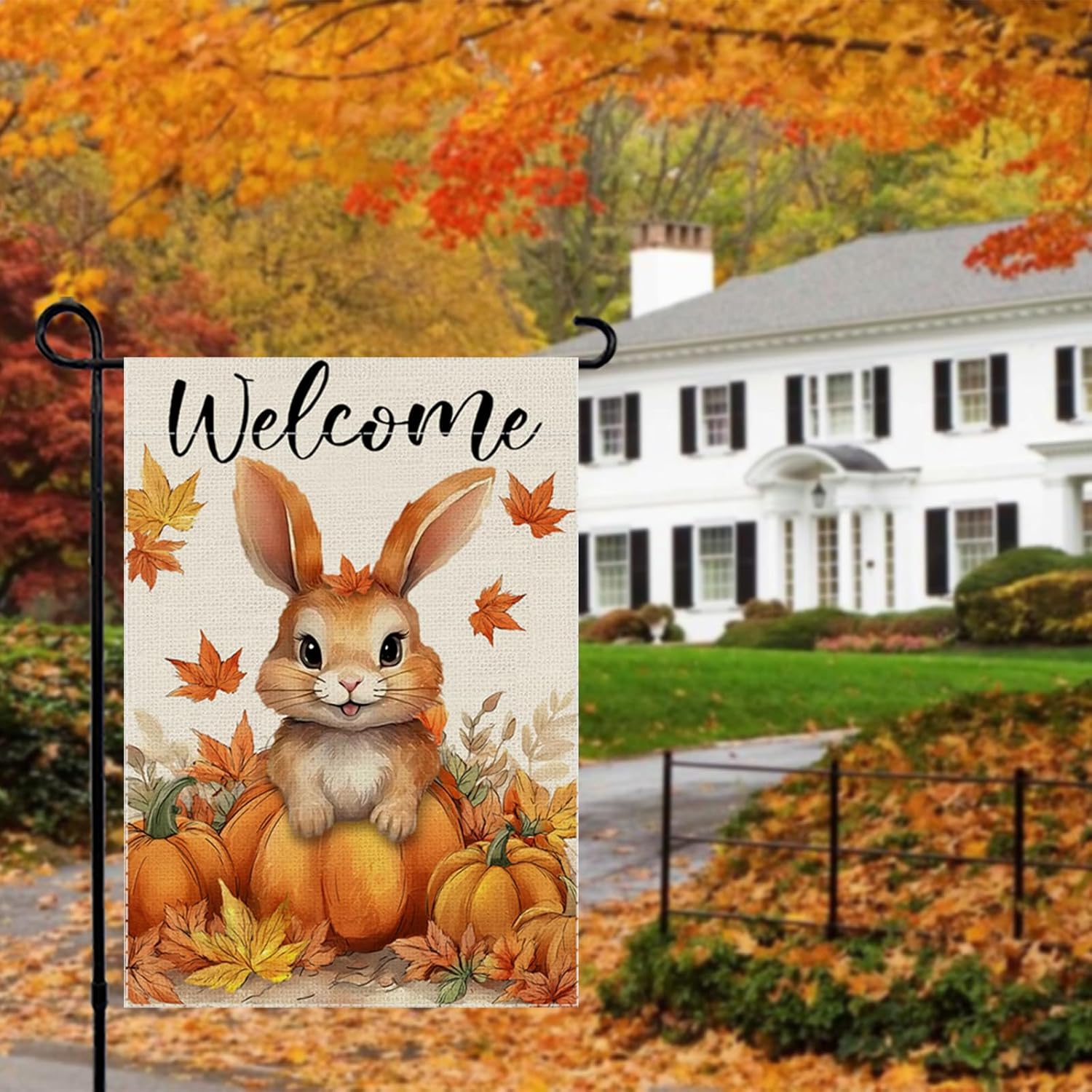 Welcome Fall Garden Flag Cute Rabbit Small Flags for Outside, 12x18 Inch Pumpkin Double Sided Burlap Autumn Maple Leaves Thanksgiving Harvest Outdoor Yard Lawn Decoration - Image 2
