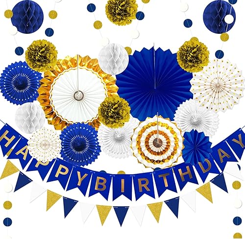 Decoración de fiesta de feliz cumpleaños azul marino y dorado, 24 abanicos de papel colgantes, guirnalda de flores con pompones, guirnalda de