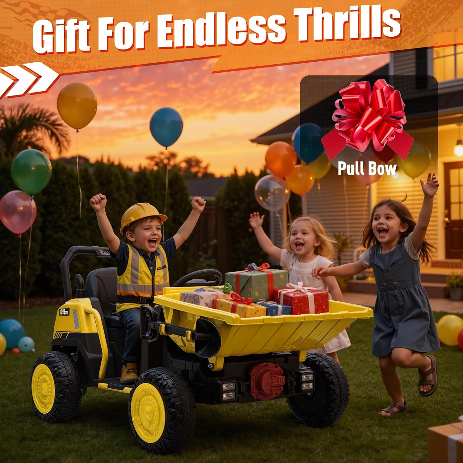 24V Ride on Dump Truck, Construction Car with RMP2000W Motors，Electric Dump Bed, Metal Frame, Parent Remote Control, Music, LED Lights, 24V Ride on Toys for Big Kids, Yellow