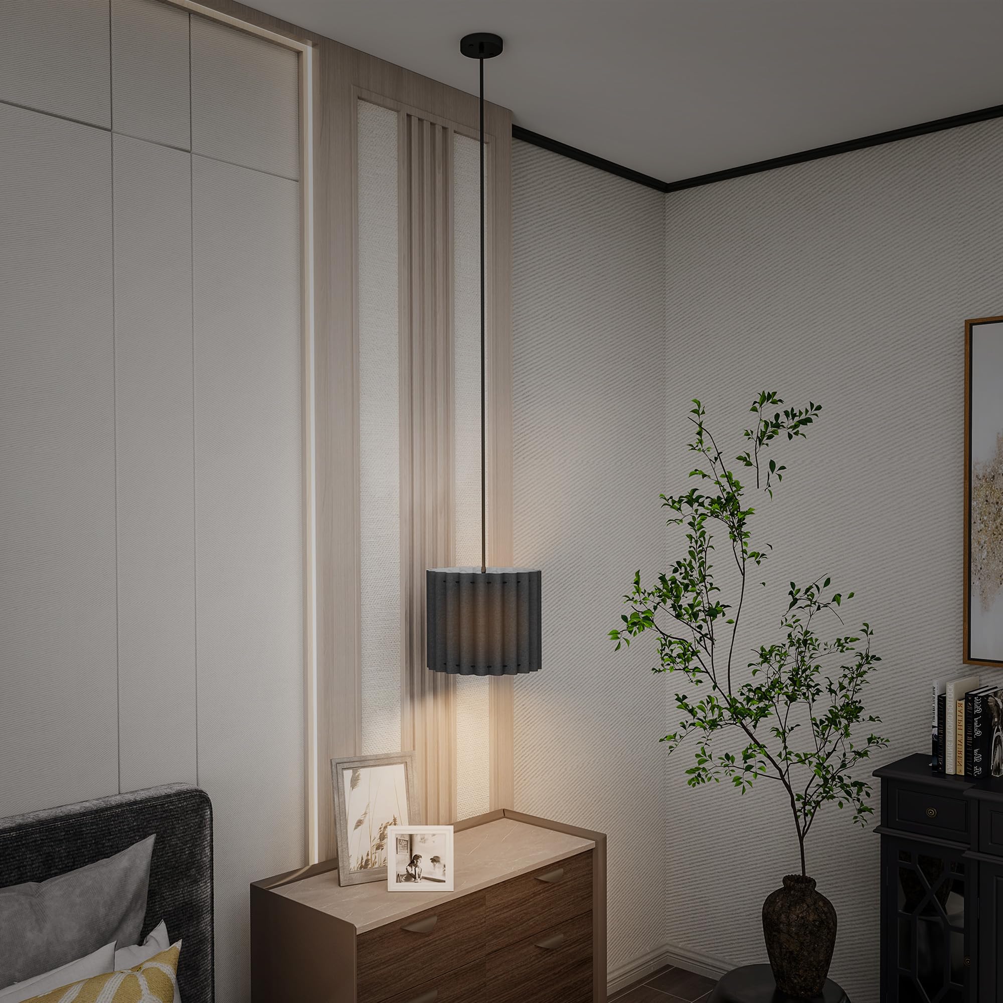 Portland Black Wave Linen Textured Shade Ceiling Lamp - 178cm