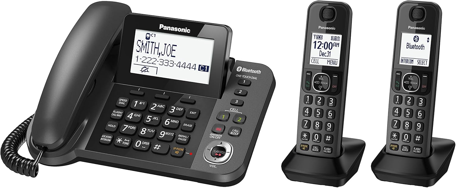Exclusive Discount 70% Price PANASONIC Bluetooth Corded / Cordless Phone System with Answering Machine, Enhanced Noise Reduction and One-Touch Call Block - 2 Handsets - KX-TGF382M (Metallic Black)
