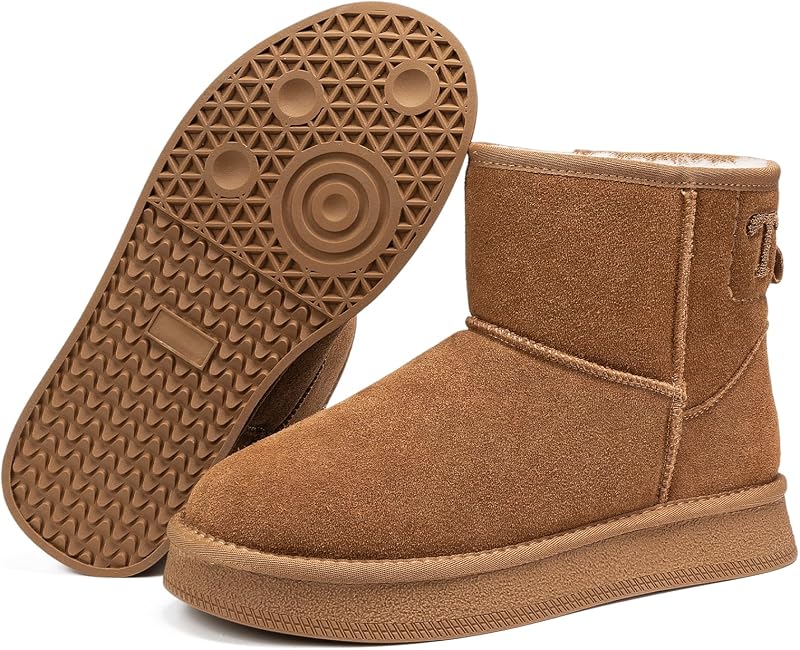 Mini Boots for Women, Platform Ankle Snow Boots, Genuine Leather Winter Boots with Warm Fur Lining, Anti-Slip Short Booties