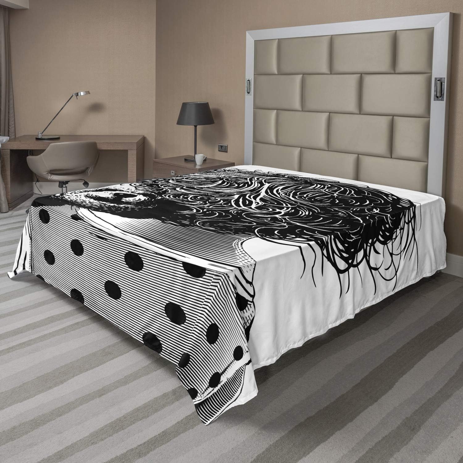 Ambesonne Cartoon Flat Sheet, Little Girl Hugging Teddy Bear Sketch Grunge Illustration, Soft Comfortable Top Sheet Decorative Bedding 1 Piece, Queen Size, Charcoal Grey White