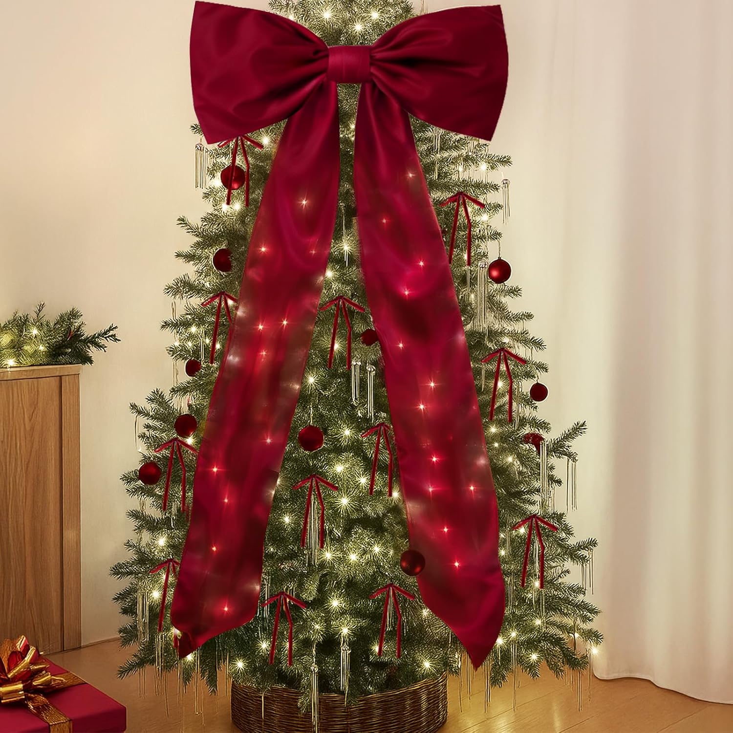 AerWo Burgundy Christmas Tree Topper Bow with 30 Small Velvet Bows for Christmas Tree, 27.5 x 78.7 Inch Large Red Christmas Bows with Long Streamers for Home Tree Wreath Car Outdoor Christmas Decor