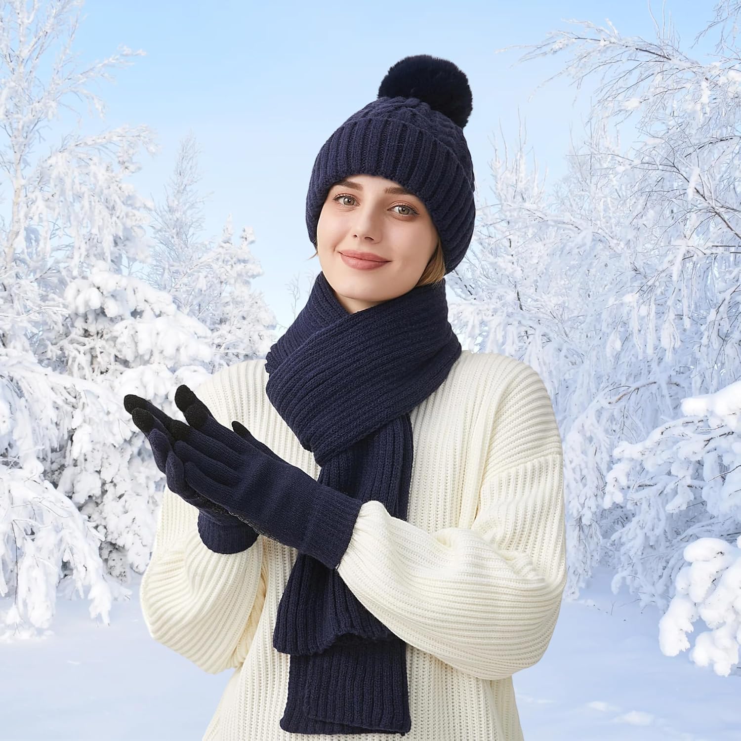 Women Winter Beanie Hat Circle Scarf Set Pompoms Peruvian Ski Snow Ear Flaps Cold Weather Warm Sherpa Knit Hats Fleece Lined - Image 8