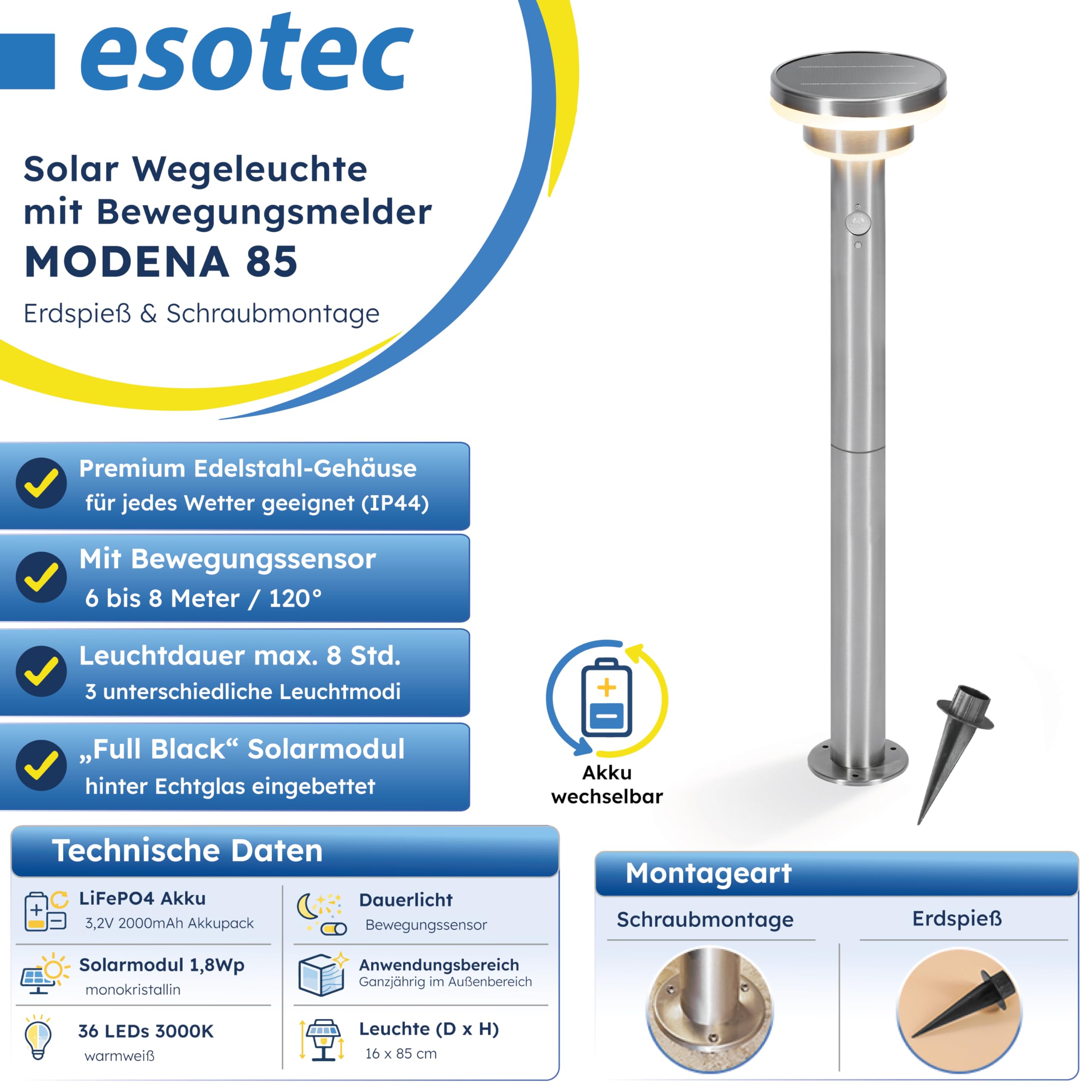 esotec Solar PIR Standleuchte Modena 85, Bewegungsmelder, 3 Leuchtmodi, Akku, LED Solarleuchte, Wegeleuchte, Gartenbeleuchtung, Metall, IP44, außen, wetterfest, silber, Höhe 85cm, 102755
