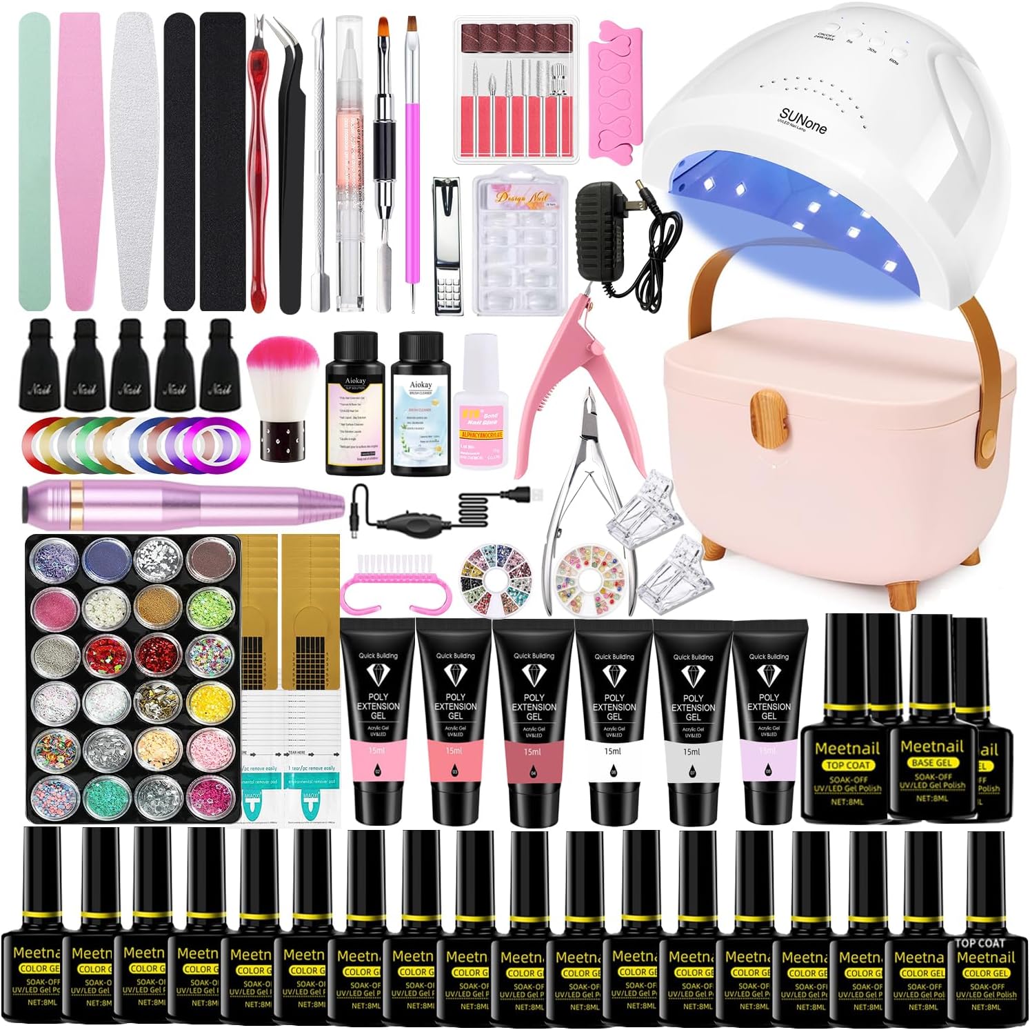 Gel Nail Polish Kit with 48W UV Lamp, 22pcs nail polish with Base Coat and Top coat, 6 Colors Extension Poly Nail Gel set，Nail Drill & More,Professional Manicure Tool for Home DIY Salon