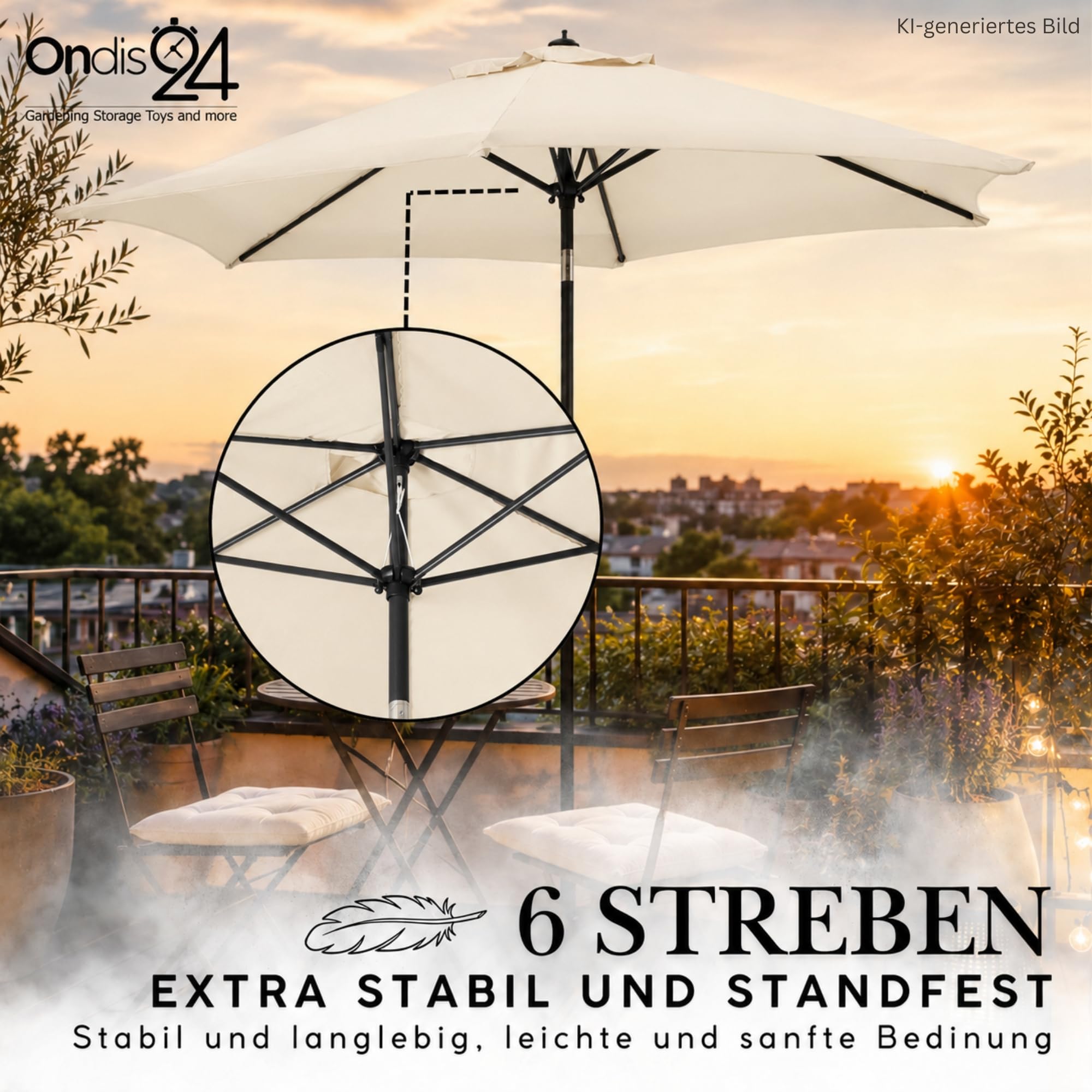 Ondis24 Strandschirm 1,8 Meter Sonnenschutz Sonnenschirm 180 cm rund mit Kurbel, Knick-Gelenk, UV 50, 38mm Standrohr (beige)