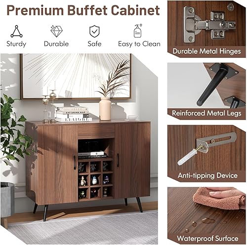 Miniatura 7 de COSTWAY Aparador de buffet, moderno servidor de buffet con estante extraíble para 9 botellas, estantes y cajones ajustables, gabinete de barra de