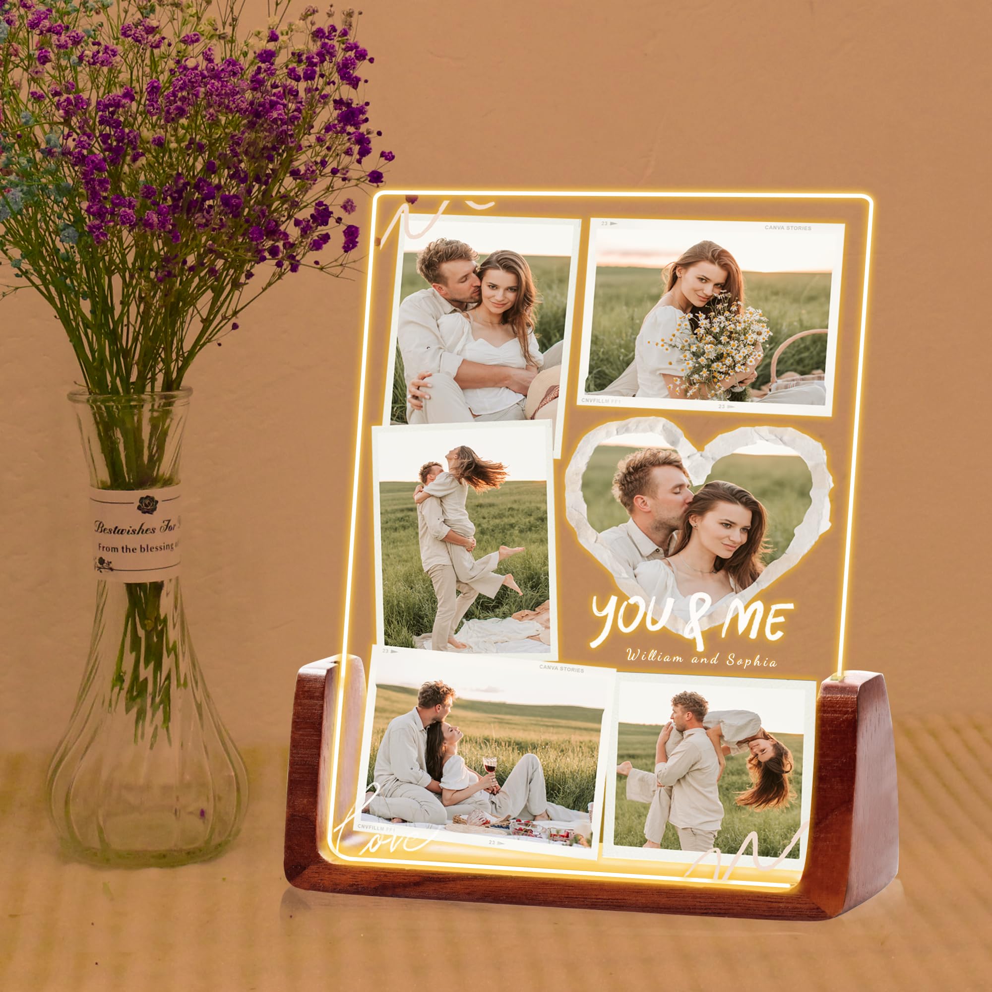 Custom Photo Gifts, Personalized Acrylic Plaque with Photo, Anniversary Day Gifts for Couple, Walnut Frame 7 Colors LED Night, Valentine's Gift for Girlfriend Boyfriend (4 Size: 15-25cm)