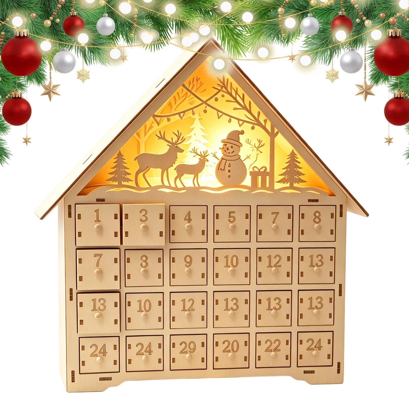 Calendario de Navidad – Organizador vacío de madera de 24 días con luces