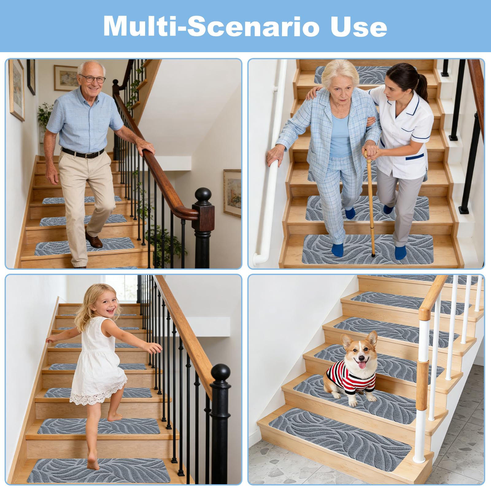 Lot de 15 tapis pour marches d'escalier, 76 cm x 20 cm, tapis autocollants pour marches en bois, 100 % polyester TPE - Tapis de marche pour enfants, personnes âgées et animaux de compagnie