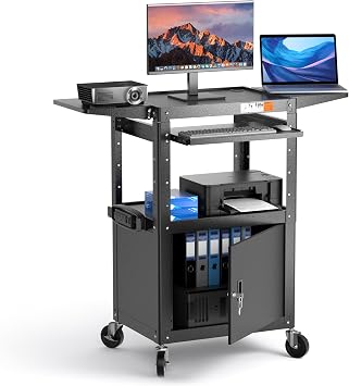 POCHAR Steel AV Cart with Locking Cabinet & Drop Leaves - Adjustable Height Media Carts with Wheels, Pullout Tray, Power Strip - Mobile Workstation Computer Cart for Office Classroom Shop Warehouse
