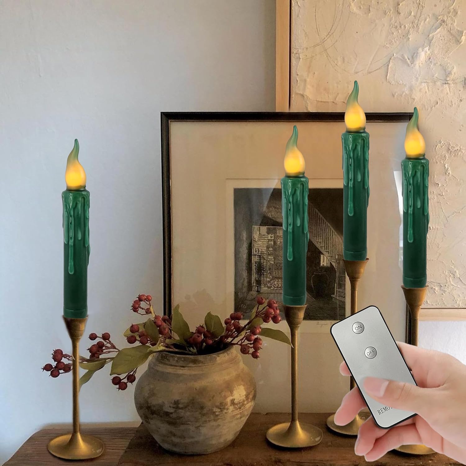 Real Wax LED Flameless Short Taper Candles with Remote, 6.7 Inches Green Candlesticks, Dripless Battery Operated Flame Rustic Primitive Flameless Lights Holiday Decor, Pack of 4
