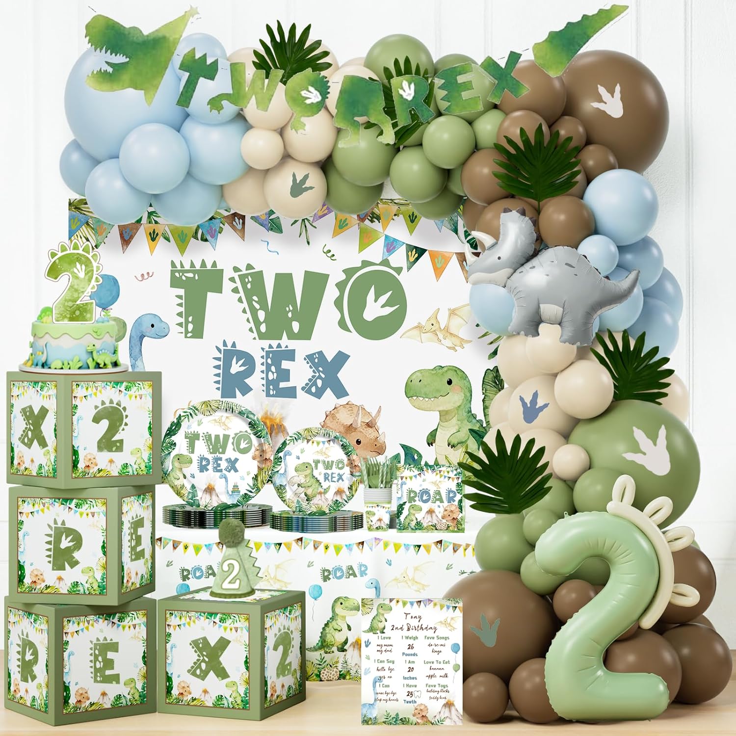 Two Rex Birthday Decorations Boy, 2nd Birthday Party Supplies for Boys, Dinosaur 2 Year Old Party Decorations