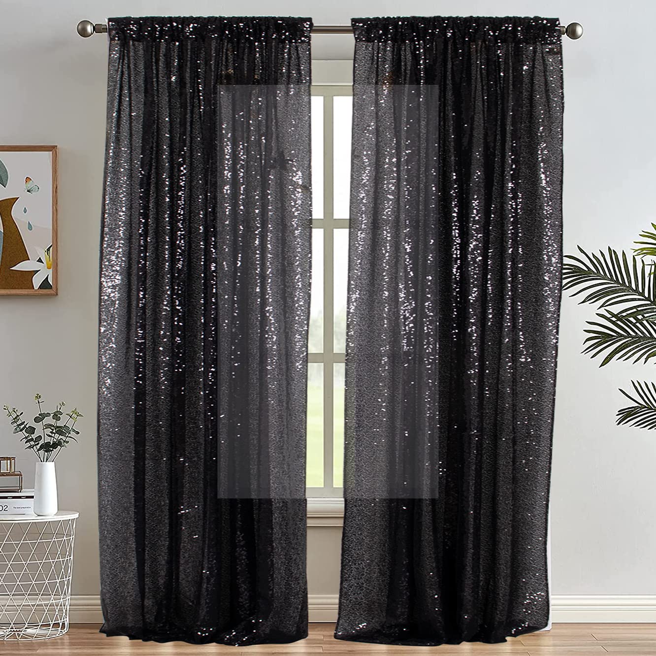 PardecorSequin Curtains Panels Sequin Backdrop Curtain Glitter Curtains Sparkle Photo Booth Backdrop Shimmer Backdrop for Parties Wedding Backdrop (2pc 2ftx8ft, Black)…