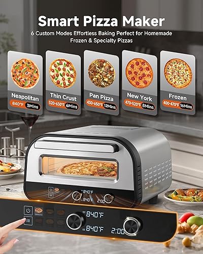 Miniatura 5 de Horno de pizza mejorado que calienta hasta 840 F hace pizzas de 12 pulgadas en 90 segundos, máquina de pizza eléctrica para encimera con 6 ajustes
