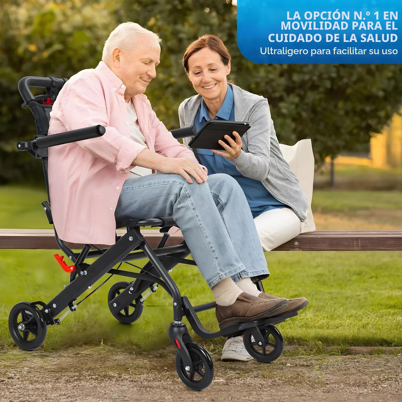 Silla de ruedas ultraligera de 13 libras para adultos, plegable de aluminio, silla de ruedas de viaje portátil, ligera - con manillar de freno para personas mayores, capacidad de carga de 286