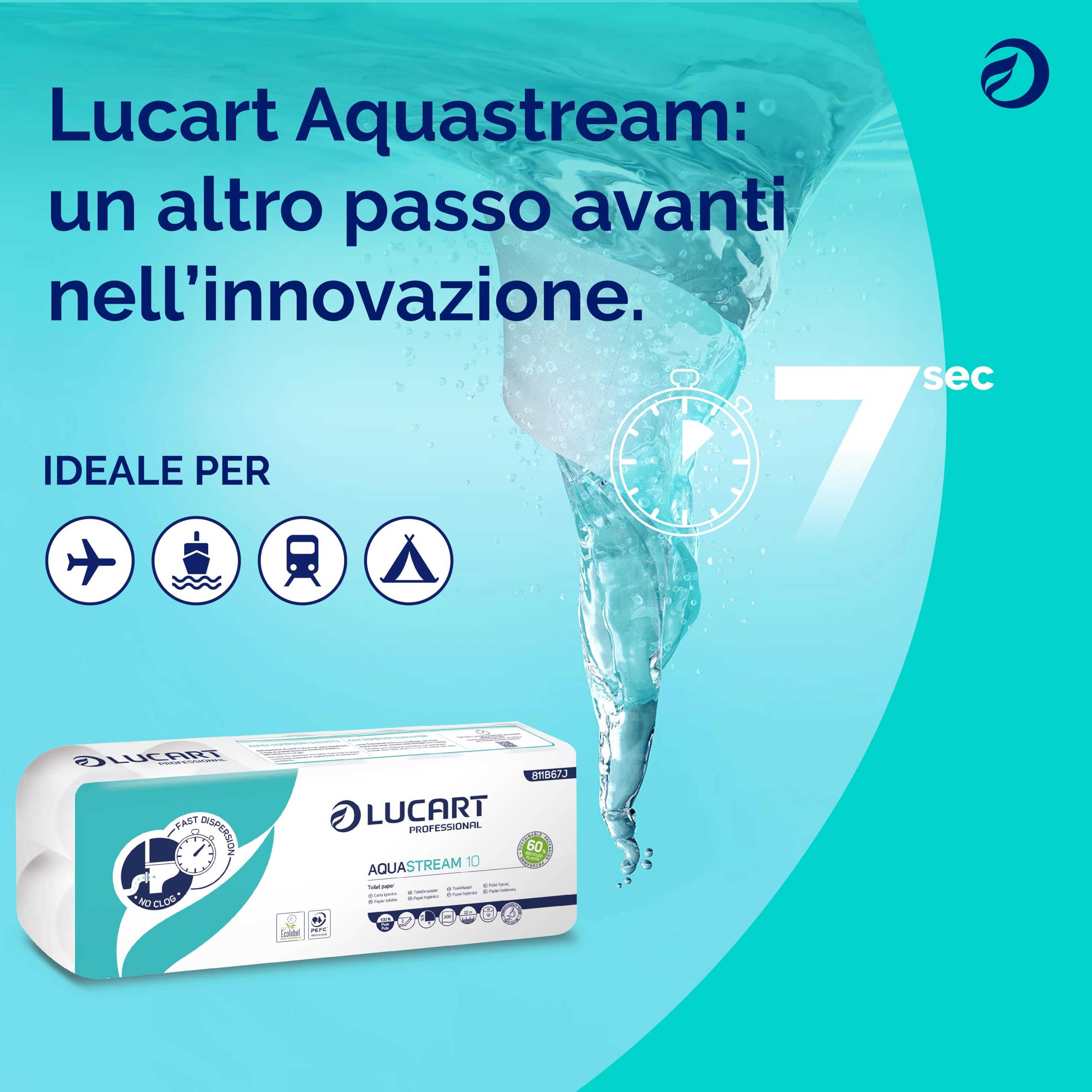 Lucart Professional, AquaStream 10, Carta Igienica a Rotolo ad alta dissolvenza in pura cellulosa, 10 Rotoli da 200 strappi per confezione, 9,5x11 cm (L'imballaggio può variare)