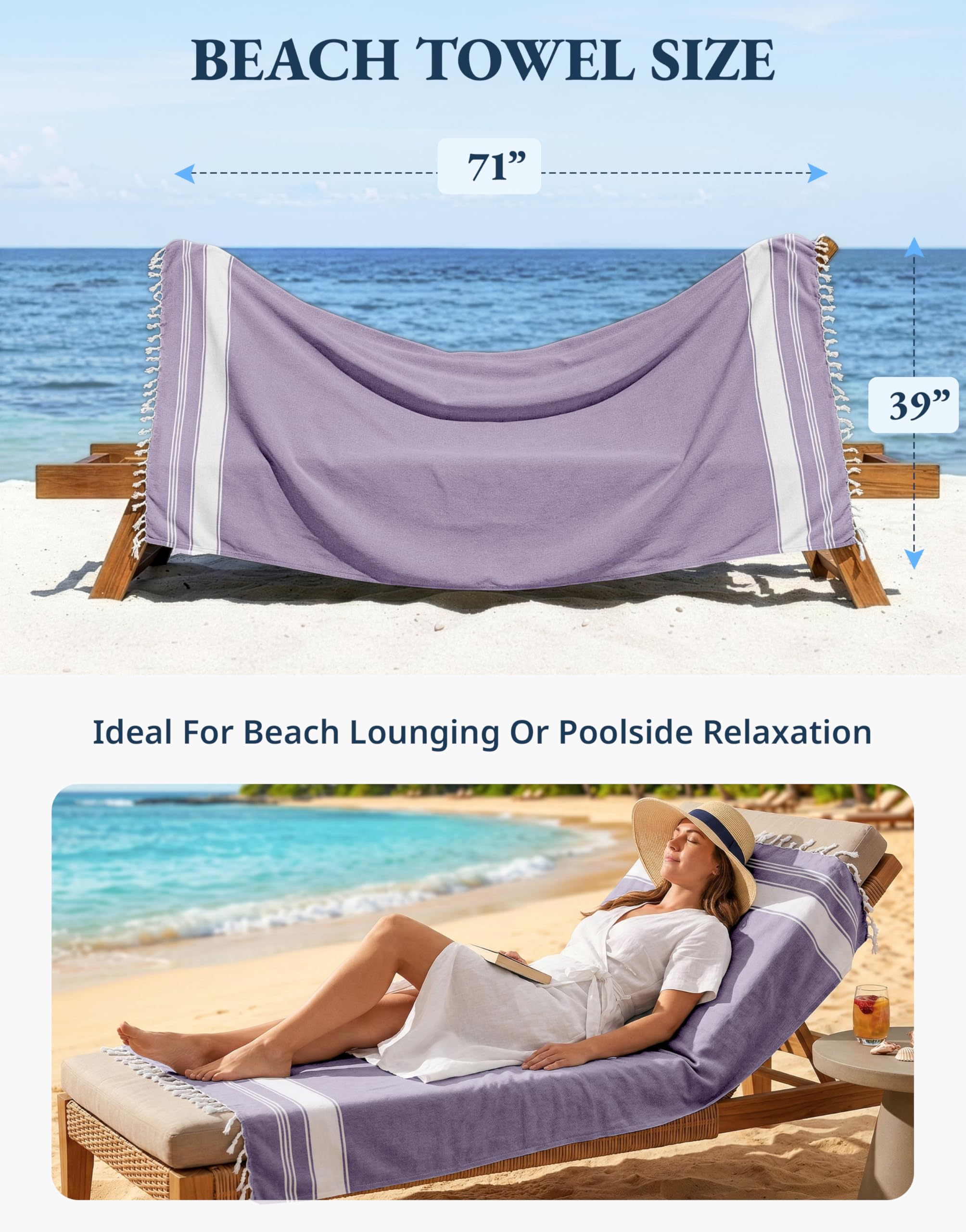 LANE LINEN Serviette de plage en 100% coton avec sac, lot de 4, dimensions 99 x 180 cm, absorbante pour piscine, extra large, à séchage rapide, serviette de voyage avec sable, motif orchidée royale