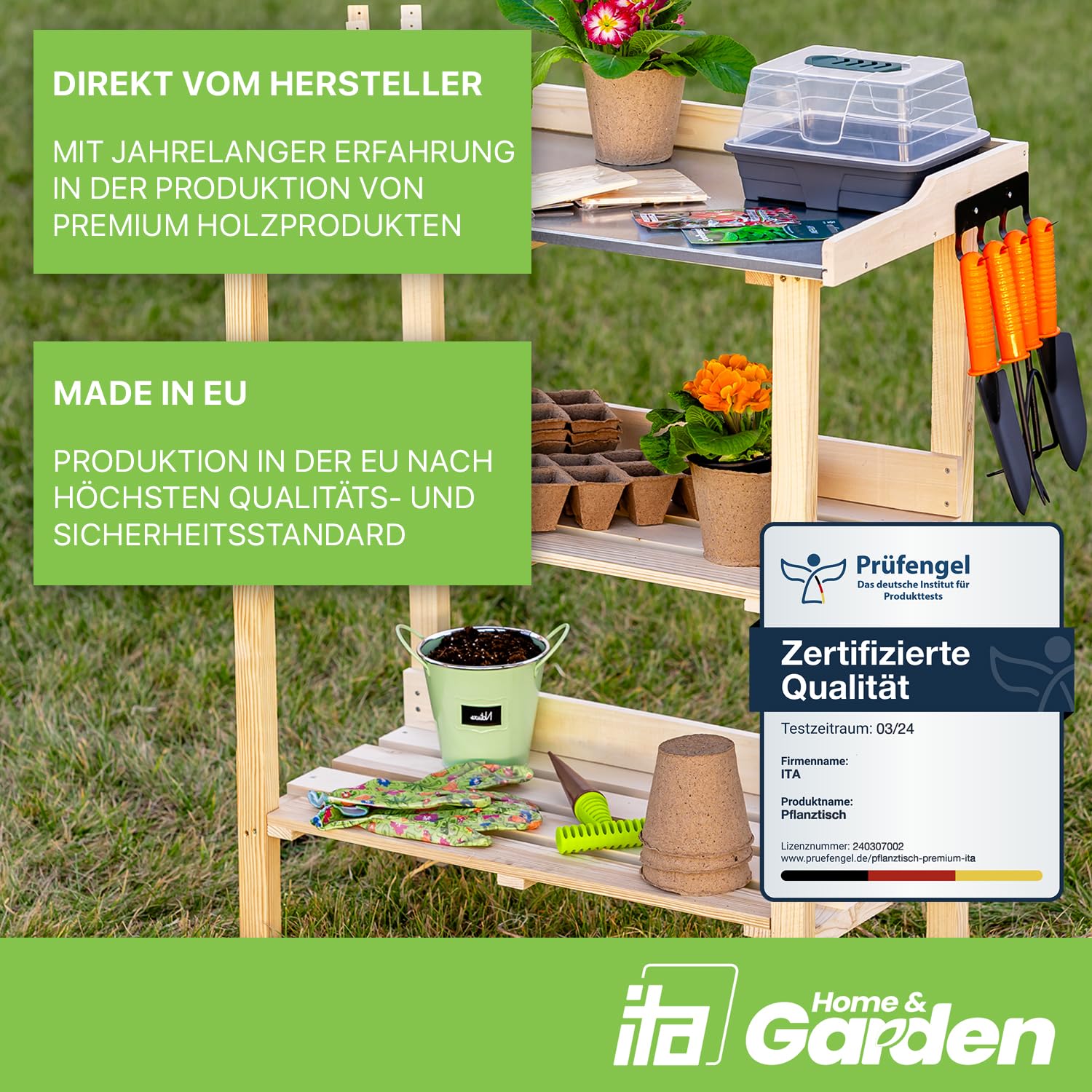 ITA Pflanztisch Premium - Pflanzentisch mit verzinkter Arbeitsplatte - Gärtnertisch aus Holz - Wetterfest - Made in EU - Direkt vom Hersteller - FSC Zertifiziert - Outdoor & Indoor - 76x38x89 cm Natur