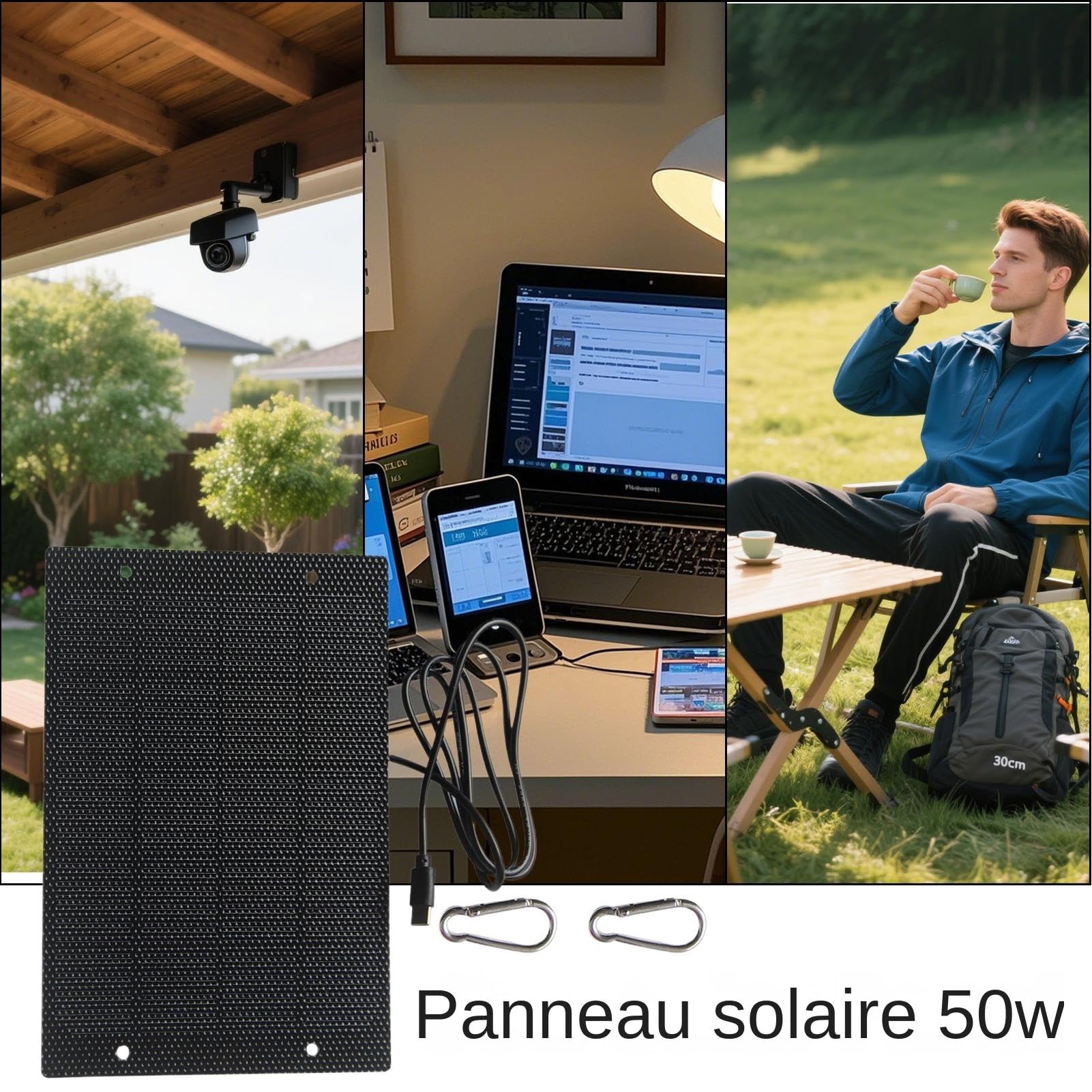 Chargeur Solaire pour Téléphone Portable - Panneaux Solaires 50W pour Camping | Chargeur Compact Intelligent pour Camping Voiture Tente Plage Randonnée Extérieur Domicile