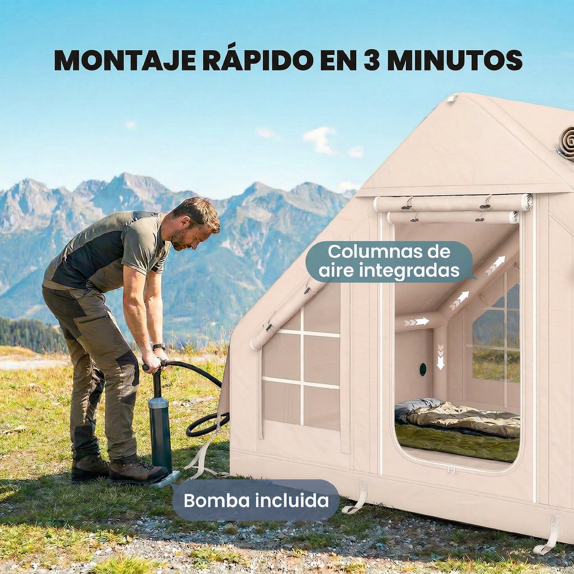 Outsunny Tienda de Campaña Inflable Glamping para 5–8 Personas con Apertura de Chimenea y Claraboya Bomba UPF30+ Bolsa para 4 Estaciones Instantáneo Resistente al Viento Tela Oxford Impermeable 5000+