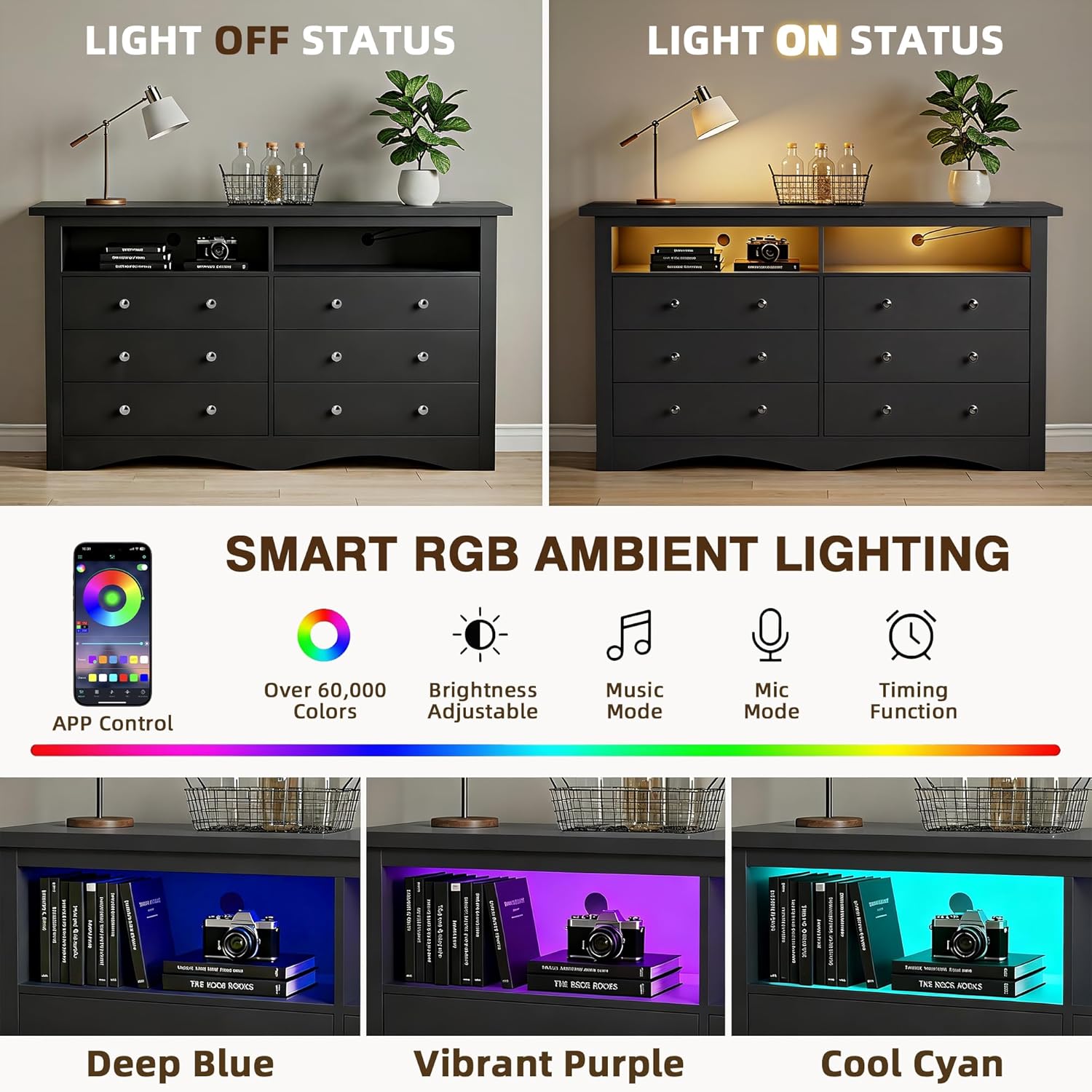 YESHOMY Modern 6-Drawer Dresser for Bedroom with Open Storage Shlef,52" Black Large Drawer Dressers with Charging Station & LED Lights,TV Stand,Wood Chest of Drawers for Living Room - Image 5