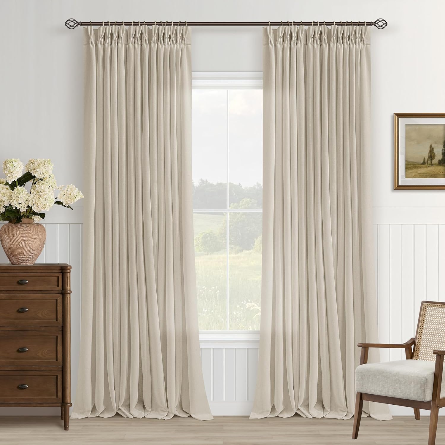 90 Inch Long Linen Curtains Pinch Pleated for Living Room 2 Panels Set Neutral Beige Flax Boho Semi Sheer Light Filtering 90 Inch Window Curtain Rings Hooks Floor Ceiling Office Bedroom Oatmeal