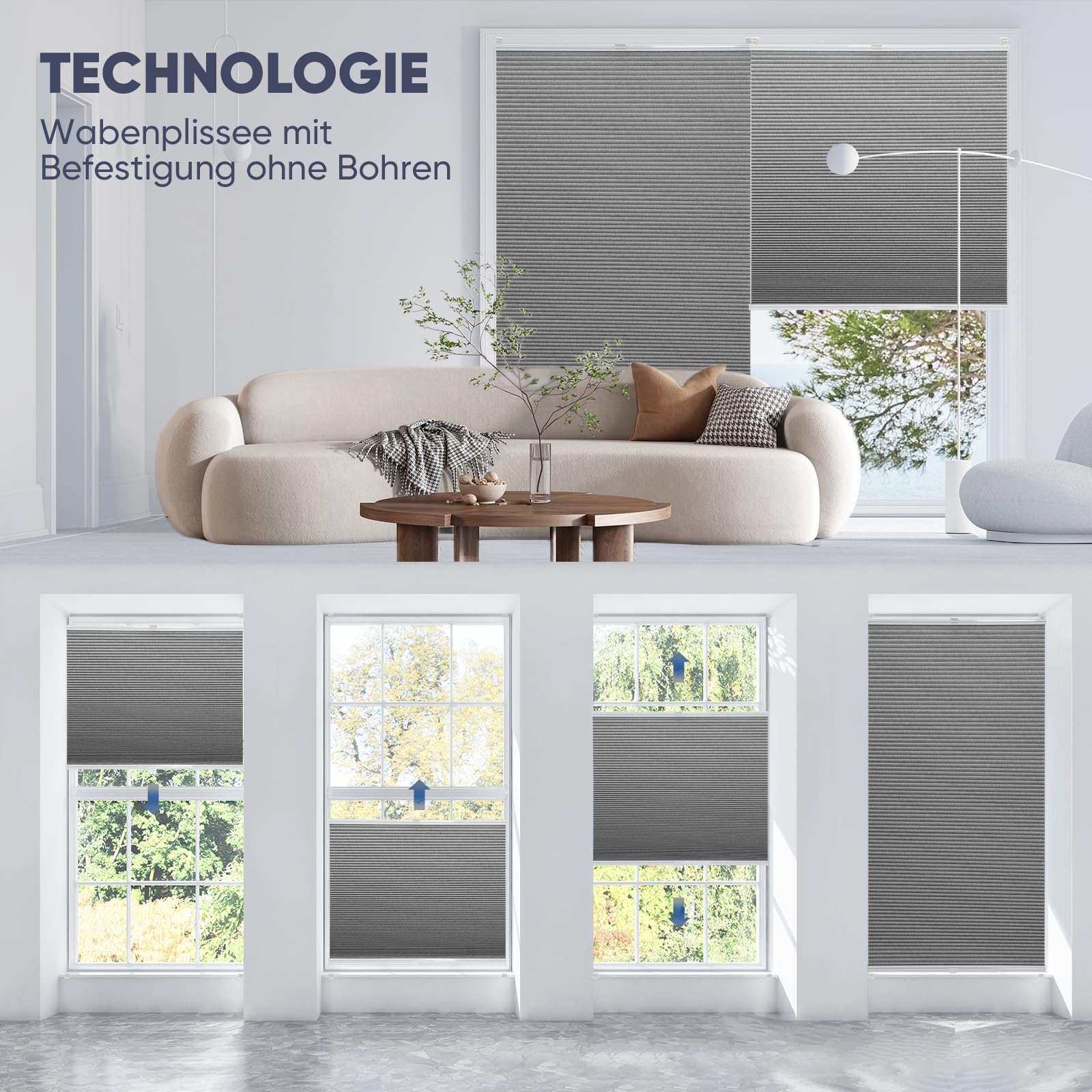 Sekey Wabenplissee Ohne Bohren Verdunkelung Rollo 100% verdunkelnd Blickdicht, Klemmfix, Aluminiumschiene, Grau, 80 x 200cm (BxH)