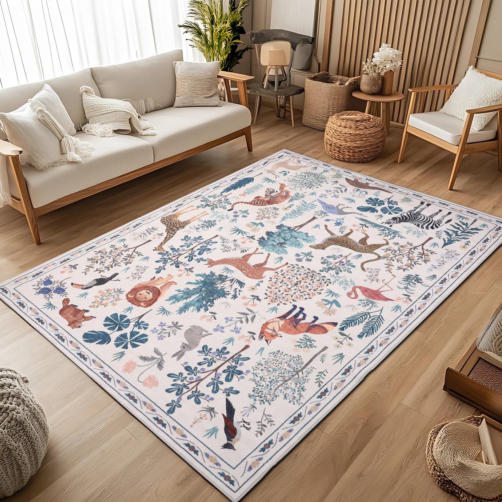 Instellar Washable Nursery Playroom Area Rug 5x7, Animal Print Jungle Rugs for Kids’ Bedroom Living Room, Soft Non-Slip Stain Resistant Tiger Carpet, Beige
