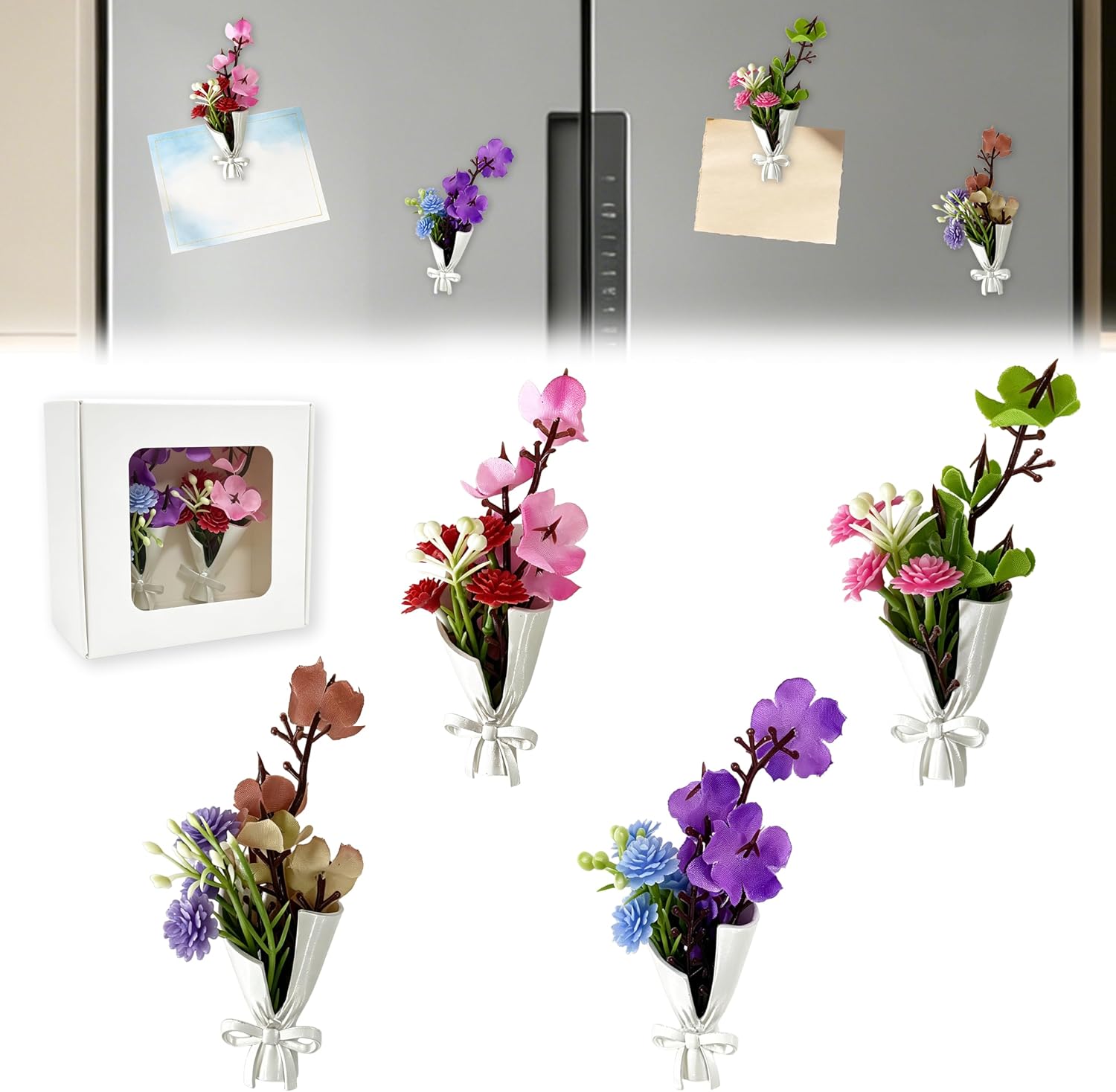 4Pcs Mini Bouquet Vase Magnets,3D Cute Decorative Fridge Magnets